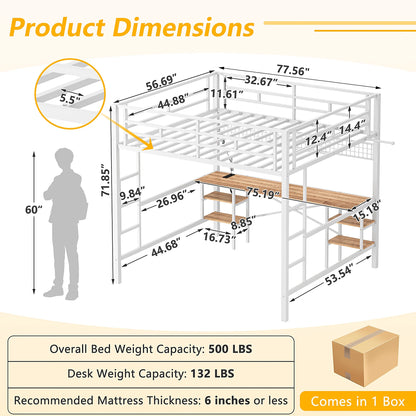 Twin Loft Bed with Desk, UHOMEPRO Metal Loft Bed with LED Lights, Charge Station, DIY Mesh, Clothes Rail, 4 Storage Shelves, Safety Rails and 2 Ladders, Loft Bed for Teen Adult, Black
