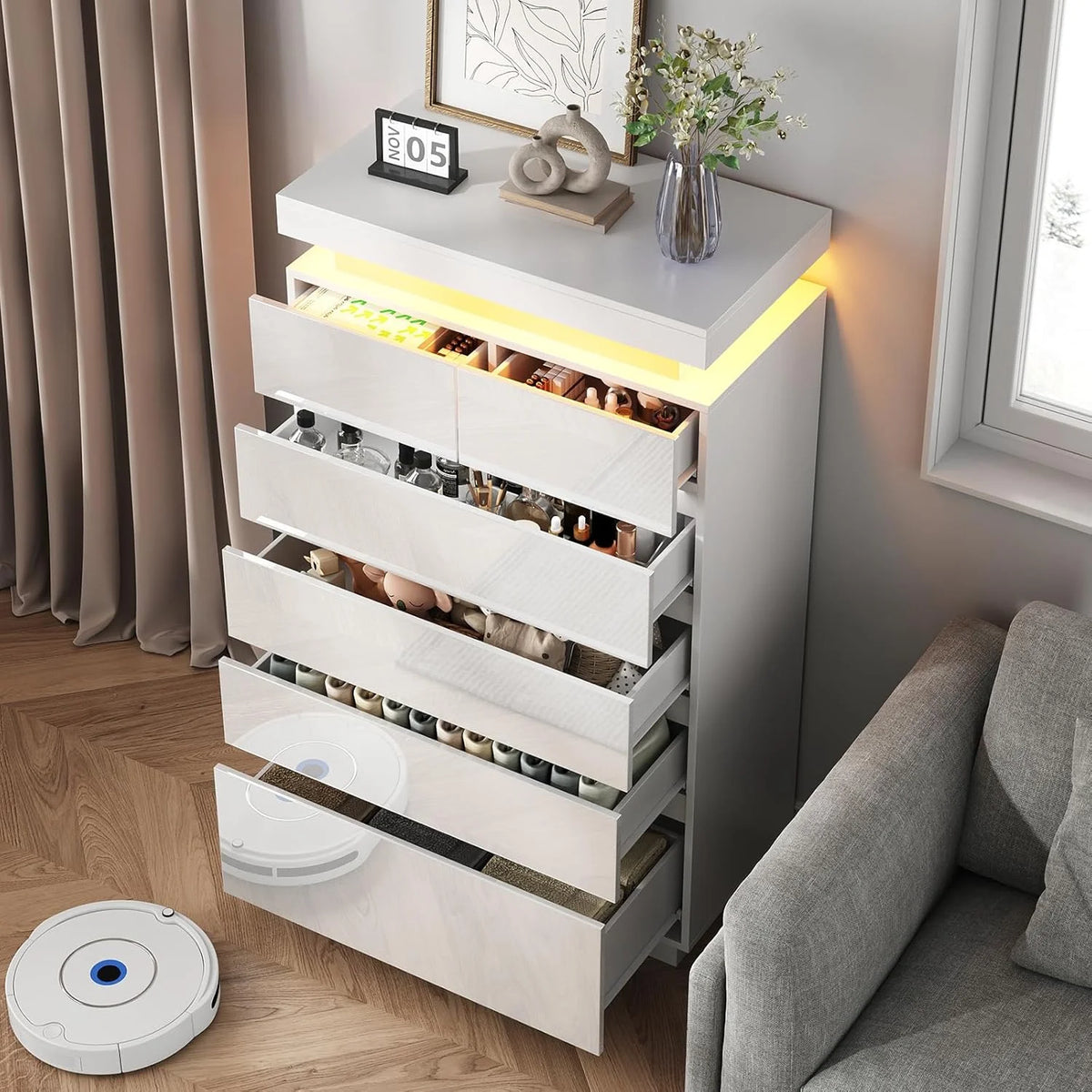 NEGYLIM 6 Drawer White Dresser, High Gloss Dresser with LED Light for Bedroom, Living Room, Hallway, Easy Assembly