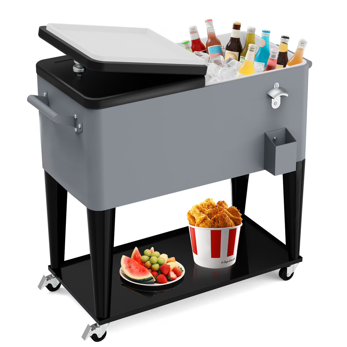 FreeLung 80QT Rolling Cooler Cart with Wheels Ice Chest Outdoor Backyard Coolers on Wheels Silver