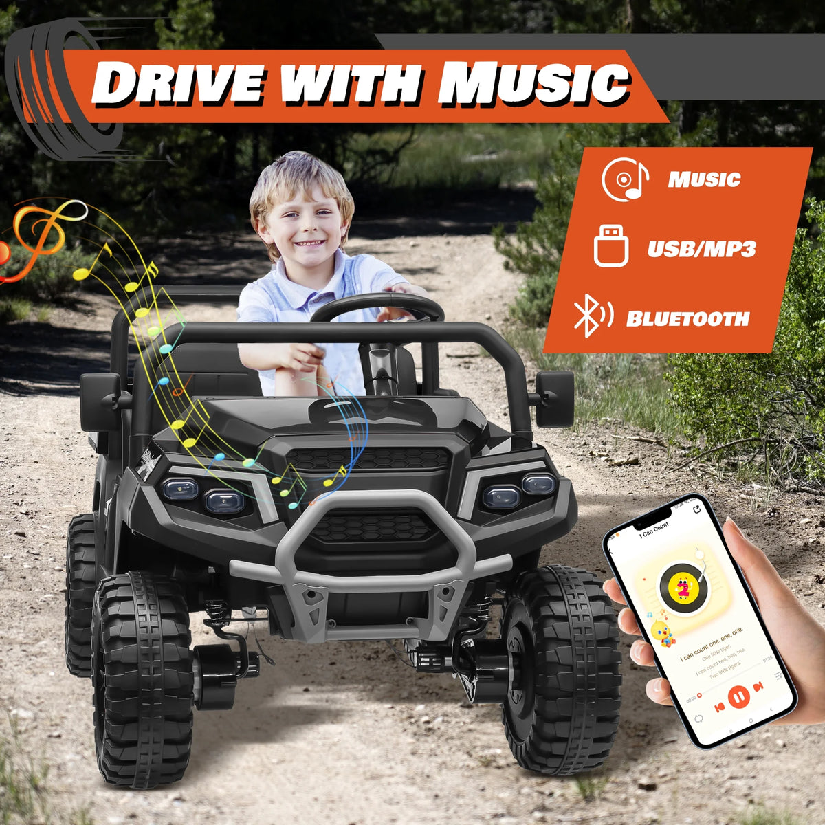 Joyracer 4WD 24 Volt Ride on Toys UTV with 2 Seater & Remote Control, Kids Electric Golf Cart w/ 4x200W Power Motors, Tiltable Trailer & Shovel, 4 Wheels Spring Suspension, Bluetooth USB Music, Black