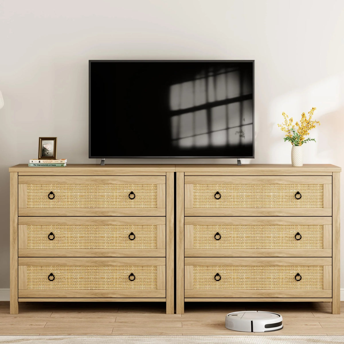 Yeshouse Boho 6-Drawer Dresser with Rattan Accents, Modern Chest of Drawers with Ring Handles & Deep Storage for Bedroom, Living Room
