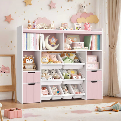 Homfa Kids Toy Storage Organizer with Cubby, Kids Toy Storage Chest with Removable Drawers, Kids Bookcase for Playroom Bedroom Living Room, Gray