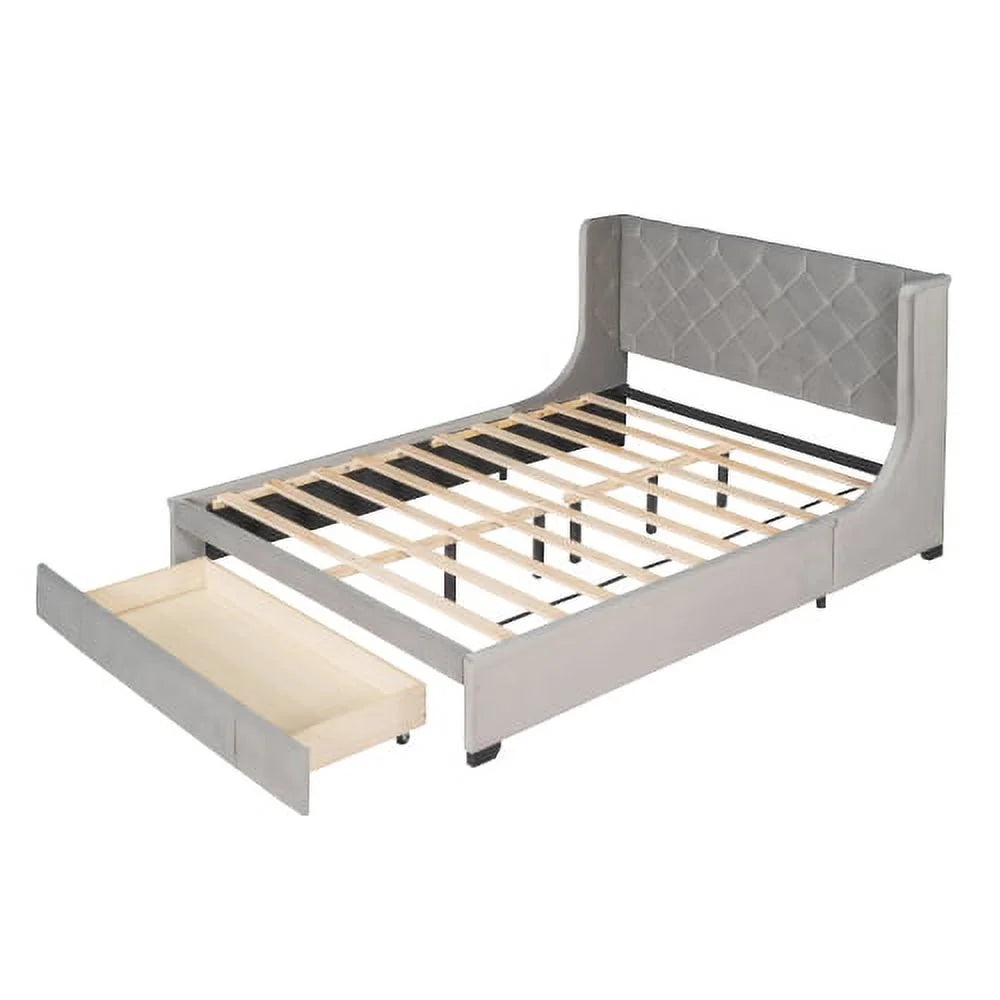 Queen Bed Frame with Storage Drawer, Velvet Upholstered Storage Bed, Wood Platform Bed Frame with Wingback Headboard and a Big Drawer(Beige)