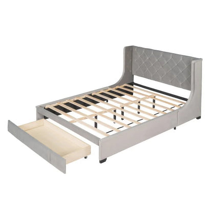 Queen Bed Frame with Storage Drawer, Velvet Upholstered Storage Bed, Wood Platform Bed Frame with Wingback Headboard and a Big Drawer(Beige)