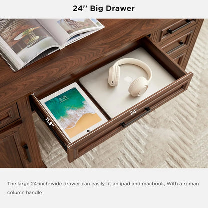 T4TREAM Farmhouse Wood 58" Executive Desk, Home Office 30" High Computer Desk with Drawers and Storage Cabinet, White