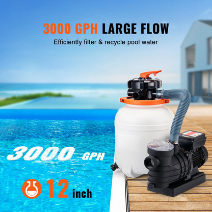KFFKFF 12" Sand Filter Pump, 3000 GPH with 1/2 HP Pool Pump for Above Ground Pools & SPA System, 110V Swimming Pool Pump with Filter Basket, 6-Way Multi-Port Valve & Timing function