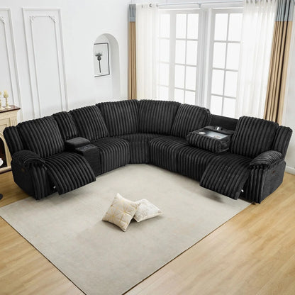 Power Reclining Sectional Sofa with Wireless Charger,6-Seater Faux Fur Sectional with Recliners,Hidden Cup Holders,Storage Console,USB & Type-C Ports,Black