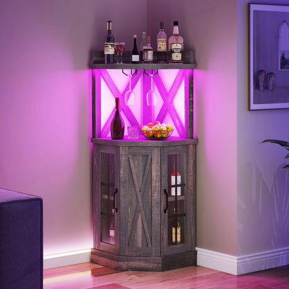 DEXTRUS 72" Corner Bar Unit, 3 Tier Freestanding Wine Bar Cabinet with LED Lights & Glass Holder & Adjustable Shelf, Black Oak