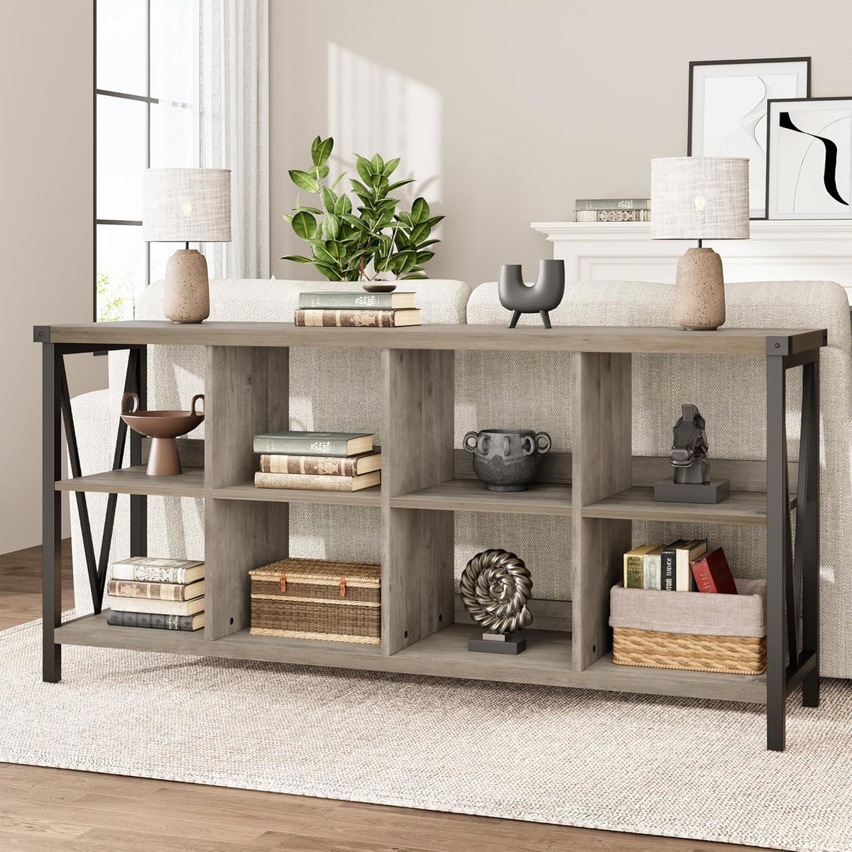 WALYWIK 8 Cube Storage Organizer Bookshelf, 3 Tier Metal Horizontal Bookcase, 62 Inch Console Bookshelfs, Industrial Storage Bookcase for Entryway, Long Low Book Shelf for Living Room-Grey