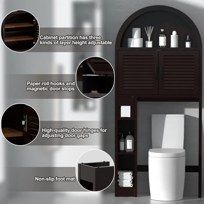 HARIPUL Over The Toilet Storage Cabinet w/ Unique Wood Grain & Arc Design, Freestanding Bathroom Shelf Organizer Space Saver w/ Doors & Anti-Tip Device, Wood Color