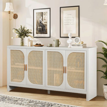 Modern Rattan Sideboard Buffet Cabinet, Kitchen Storage Cabinet, Living Room TV Stand for TVs up to 65", Entertainment Center with Adjustable Shelf, for Dining Living Room Hallway, White