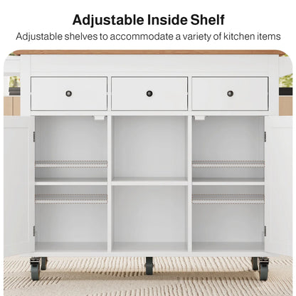Noelse Rolling Kitchen Island with Drop Leaf Table and Hidden Trash Cabinet, Mobile Kitchen Cart with Storage Drawer, Adjustable Shelves & Rubberwood Countertop on Wheels, White