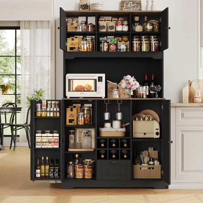 Homfa 71.3'' Kitchen Pantry Storage Cabinet with Charging Station, LED Light Kitchen Hutch Cabinet with Doors and Shelves and Wine Holder, White