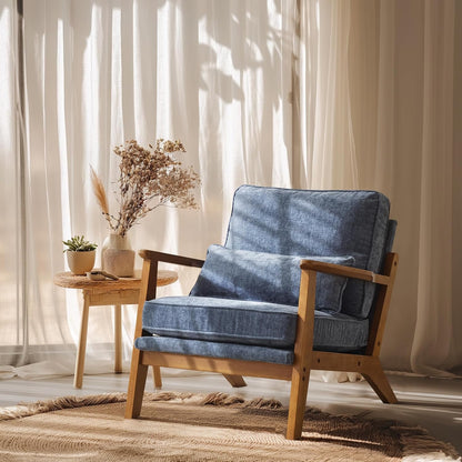 RWTFGV Solid Wood Wide Armrests Accent Chair,Upholstered Mid Century Modern Chair with Pillow,Comfy Reading Chair Farmhouse Arm Chair,Chairs Living Room,Bedroom,Guest Room,Linen Fabric,Beige