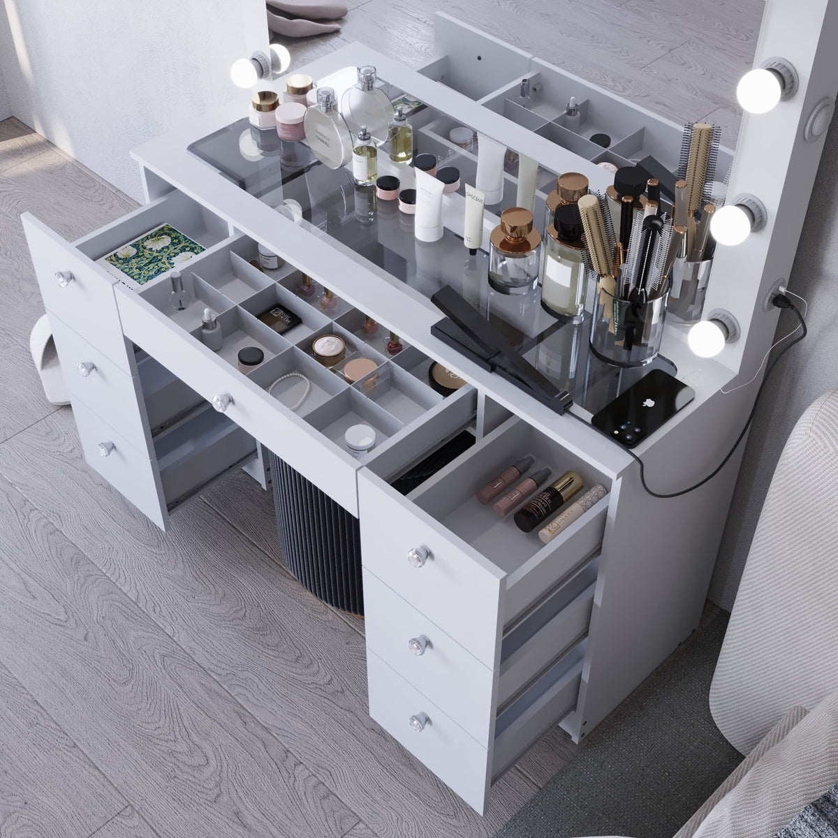 Ember Interiors Ibbie White Makeup Vanity with Glass Top, Lights, Charging Station