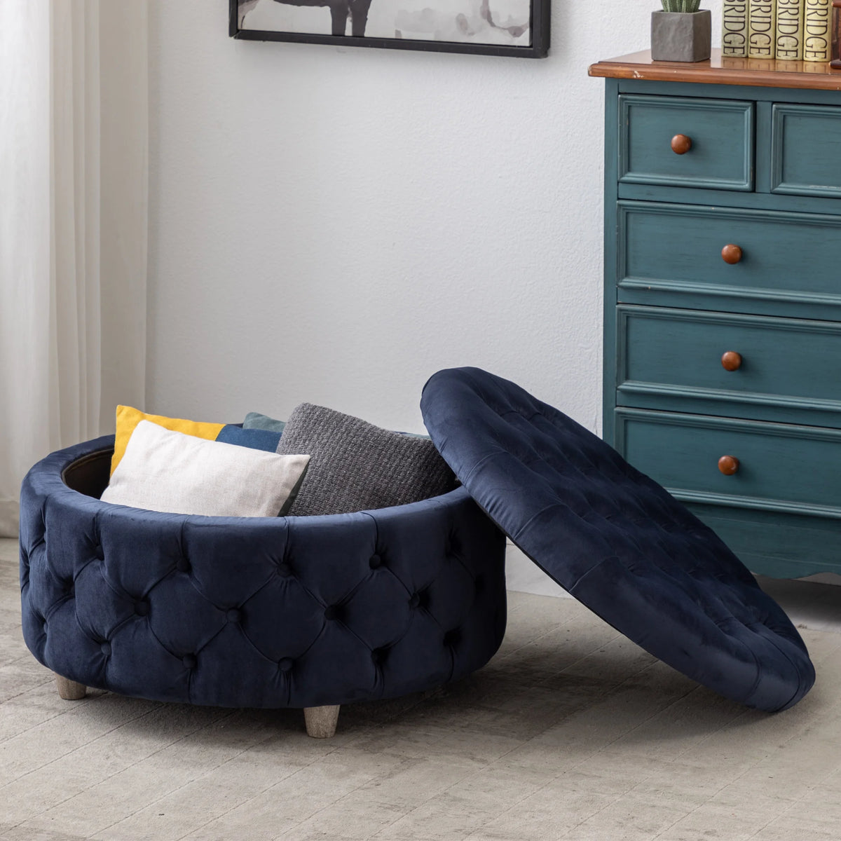 WestinTrends Wordford Round Velvet Tufted Storage Ottoman, Velvet Navy Blue