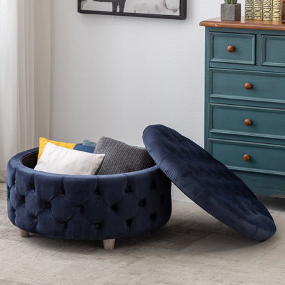 WestinTrends Wordford Round Velvet Tufted Storage Ottoman, Velvet Navy Blue