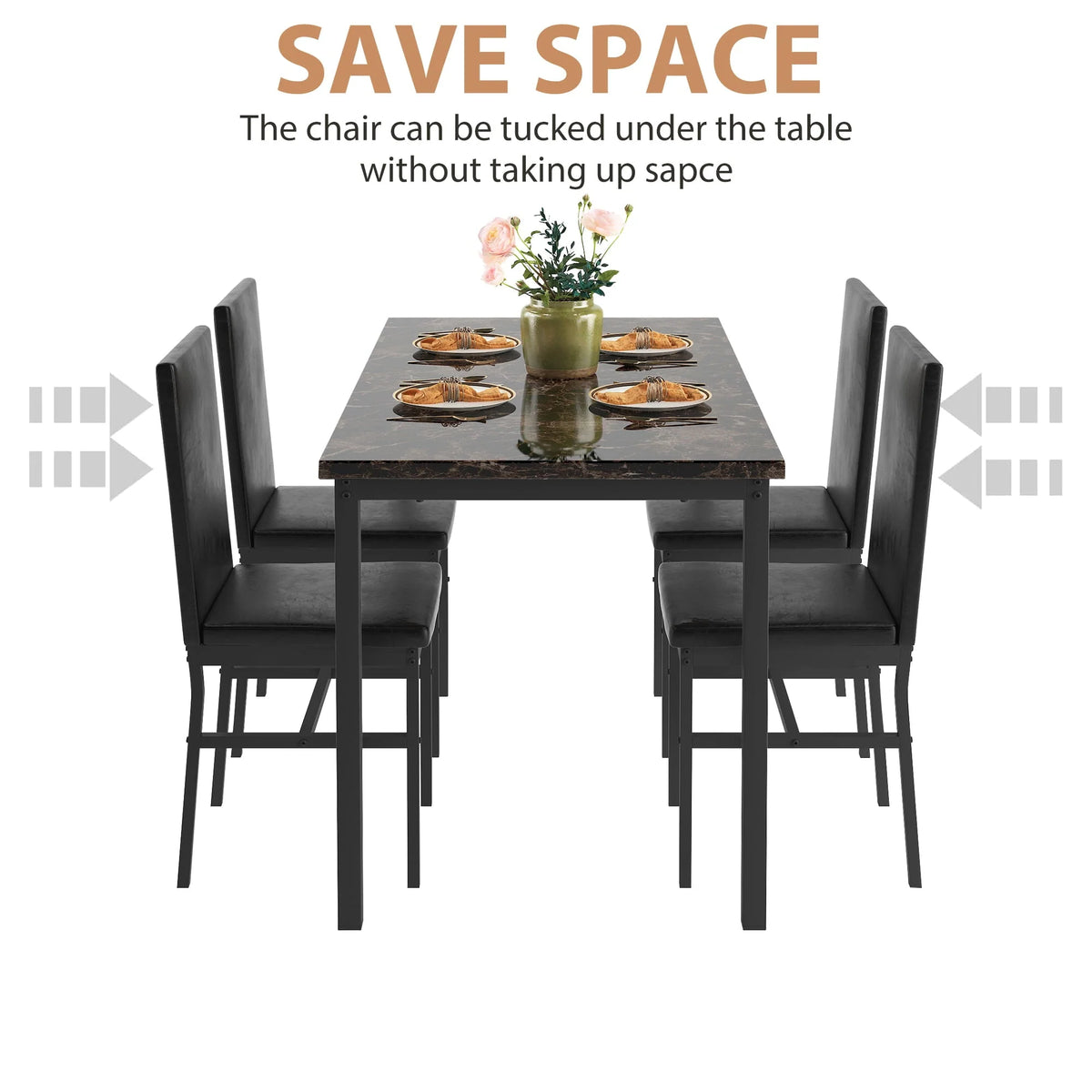 uhomepro 5-Piece Dining Room Table Set for 4 Person, Elegant Dining Table Set, Home Kitchen Table with 4 PU Leather Chairs and Metal Dining Room Modern Furniture