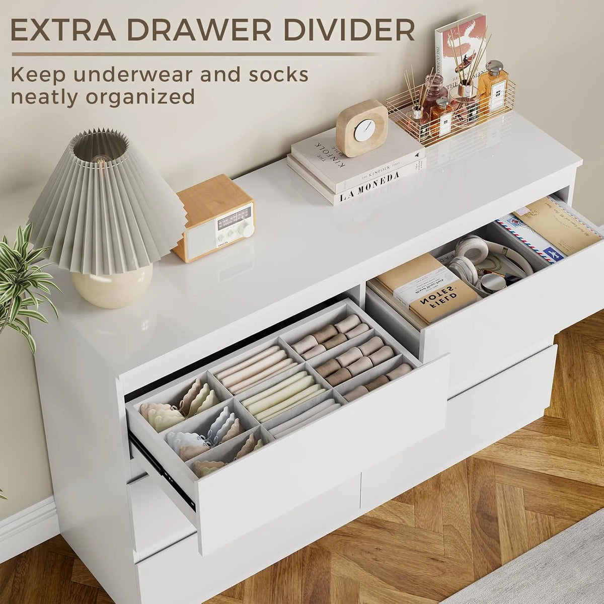 Selooye White Wood Dresser, 6 Drawer Dresser for Clothes Storage,Bedroom, Modern White Dresser with Wide Drawers, Wide Wooden Chest Drawers for Living Room, Entryway, TV Stand
