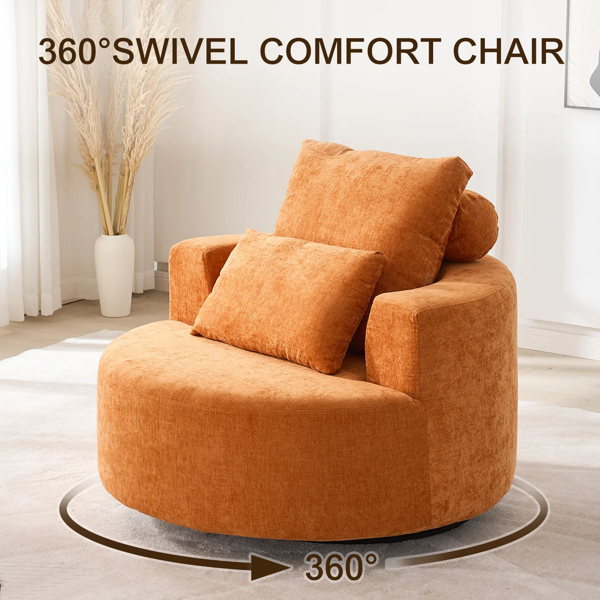 Fumahaus Upholstered Swivel Accent Chair, Oversized Comfy Round Sofa Chair with Two Pillows, Leisure Sofa Chair for Living Room Bedroom, Beige