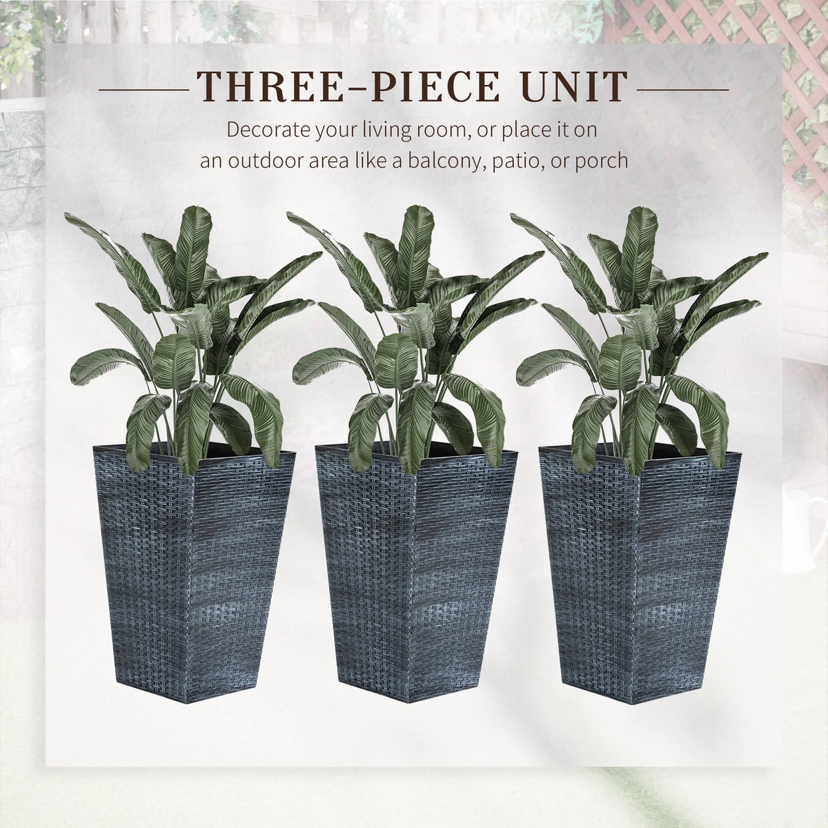 Outsunny Set of 3 Tall Planters with Drainage Hole, Outdoor Flower Plant Pots, Indoor Planters for Porch, Front Door, Entryway, Patio and Deck, Black