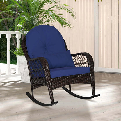 Costway Patio Wicker Rocking Chair W/Seat Back Cushions & Lumbar Pillow Porch Off White