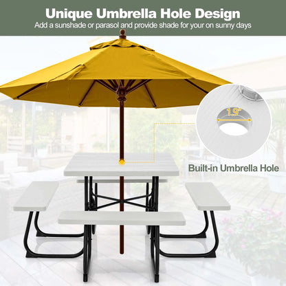 Costway Outdoor 8-person Square Picnic Table Bench Set with 4 Benches & Umbrella Hole White