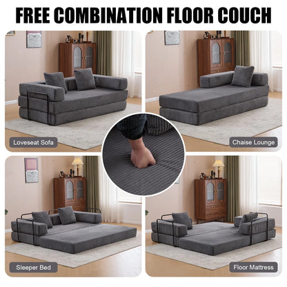 Taicans ?Convertible Floor Sofa Bed - 3 Seats Foldable Corduroy Futon Couch w/Pillow Support,Space-Saving Guest Bed for Living Room,Dorm,No Assembly Compressible Foam Mattress (Gray,76.7Inch L)
