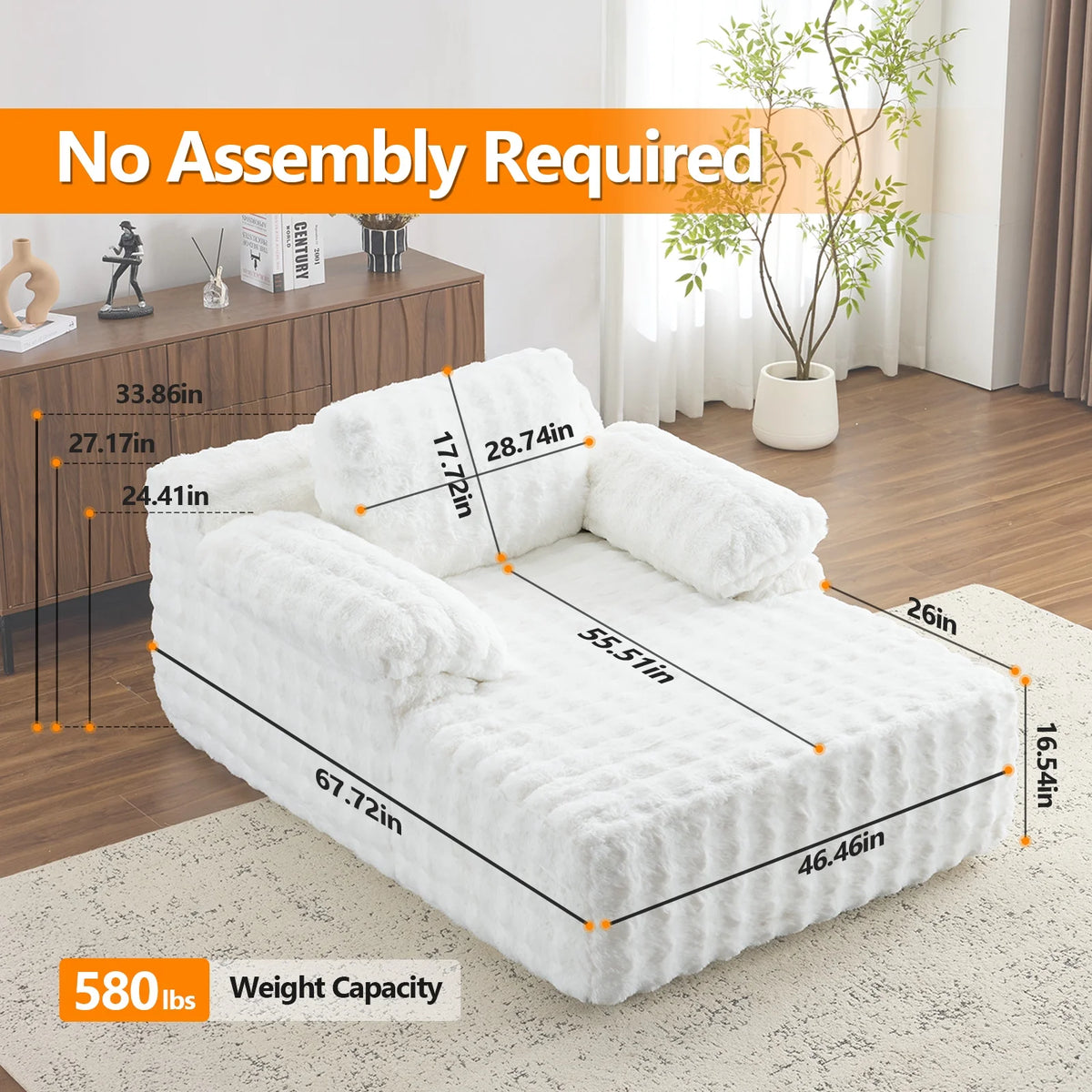 Ktaxon 68" Lounge Chair, Bubble Fleece Fabric Sofa Bed, Boneless Sleeper Chaise with Removable Backrest & Pillow-Top Armrests for Living Room White
