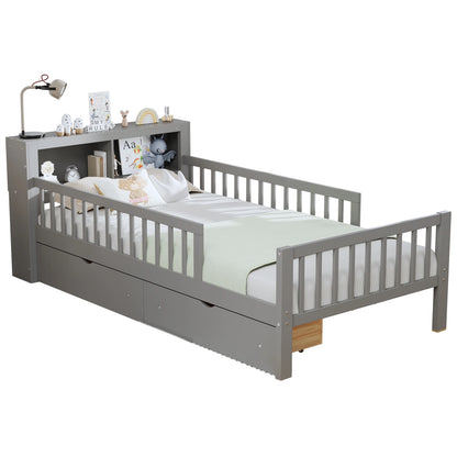 Euroco Wood Twin Size Platform Bed with Storage Headboard and Drawers, Low Profile Bed with Guardrails for Kids and Toddlers, White