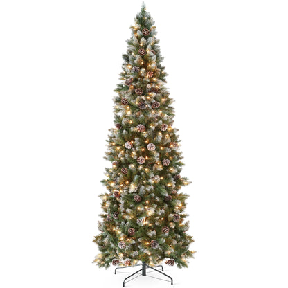 Best Choice Products 6ft Pre-Lit Partially Flocked Pencil Christmas Tree w/ 250 Lights, Pine Cones, Foldable Stand