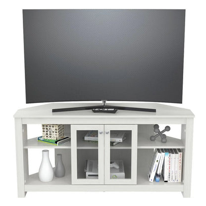 Inval Corner Laminate 60�� TV Stand with Glass Doors, White