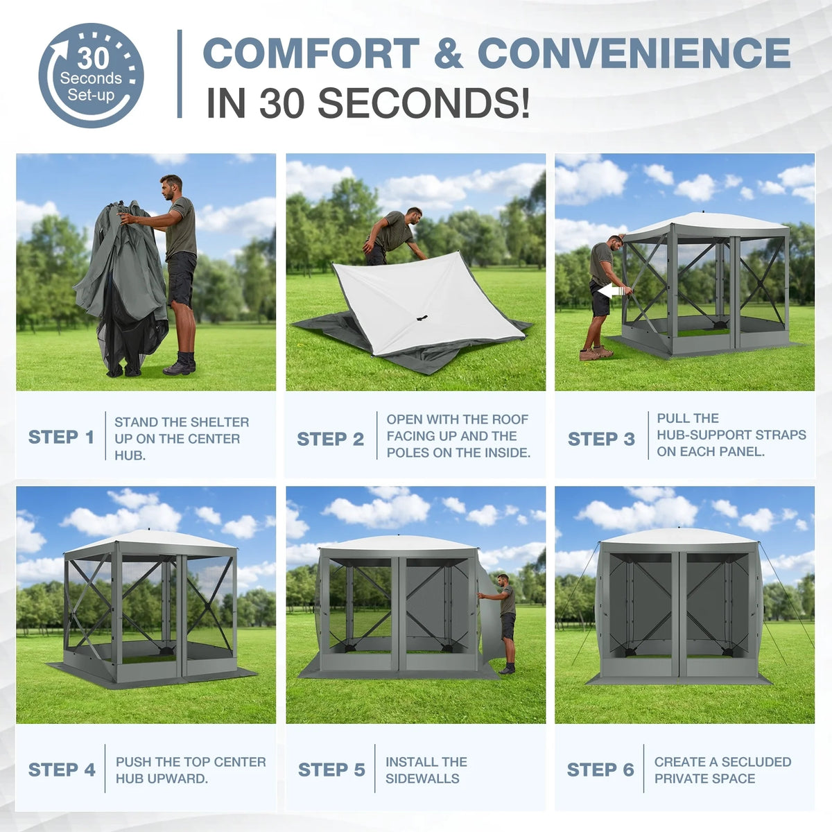 COBIZI 8x8 Pop up Gazebo Tent, Ez up Waterproof Screen Tent Screen House, Portable Outdoor Canopy Sun Shelter with 3 Sidewalls, Carry Bag & Ground Stakes for Camping, Garden and Picnics, Gray