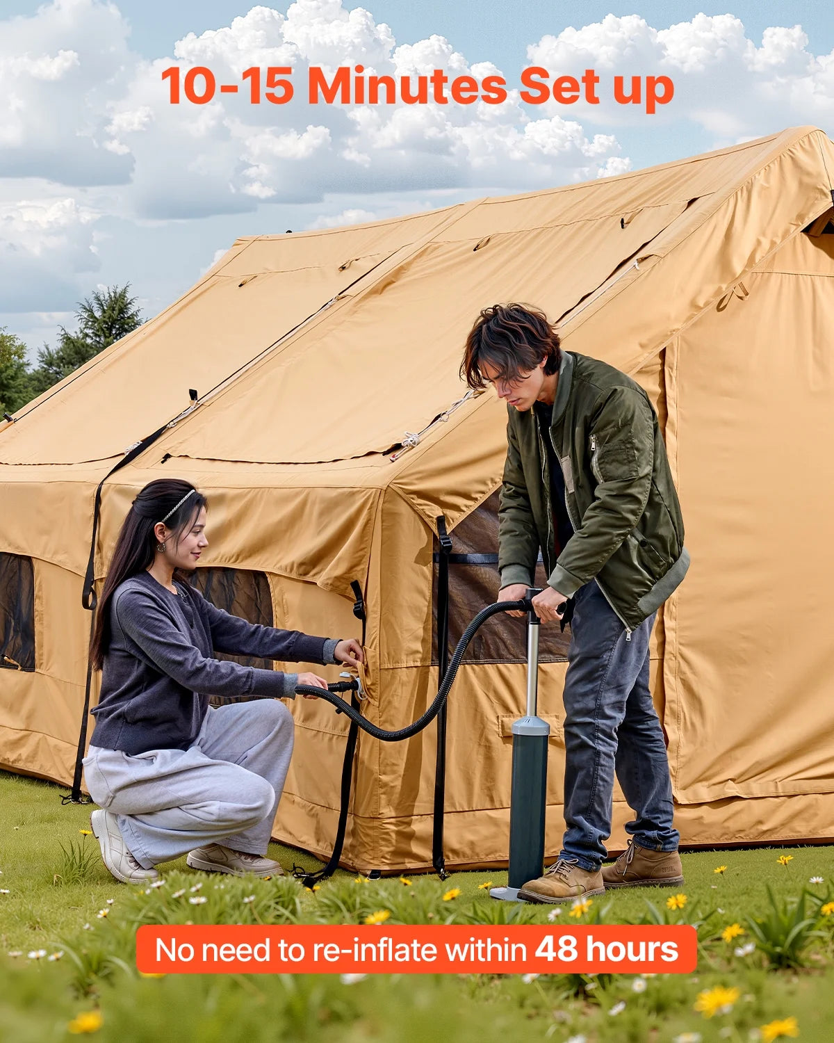 VEVOR Inflatable Tents for Camping,8-12 Person Easy Setup Blow up Tent with Hand Pump,4 Season Luxury Glamping Tent with 2 Skylights, Canopy,Stove Jack, 2 Doors & Mesh Windows(Include Storage Bag)