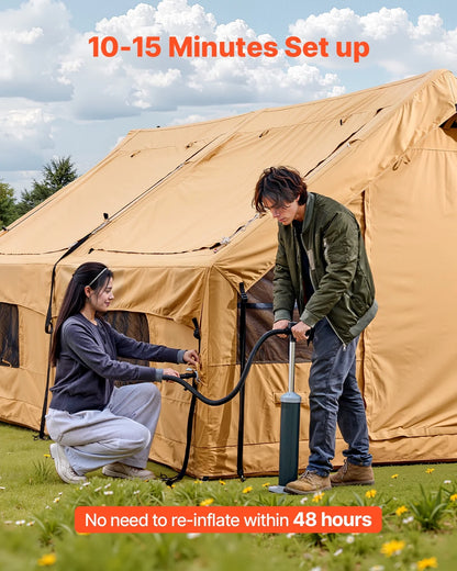VEVOR Inflatable Tents for Camping,8-12 Person Easy Setup Blow up Tent with Hand Pump,4 Season Luxury Glamping Tent with 2 Skylights, Canopy,Stove Jack, 2 Doors & Mesh Windows(Include Storage Bag)