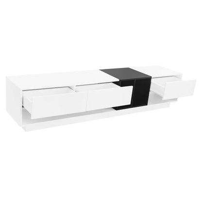 Modern TV Stand for 80 Inch TV, ON-TREND Sleek Two-Tone Media Console, Functional Storage Cabinet with Open & Hidden Compartments, Particle Board, Living Room Furniture, White