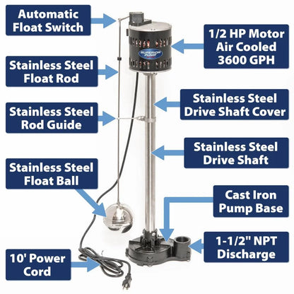 Superior Pump 92333 Multi Use Utility Sump Water Pump, 120 V, 0.33 Hp, 1-1/4 in Outlet, 50 Gpm, Thermoplastic - Black