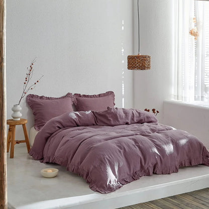 Simple&Opulence 100% Washed Linen Duvet Cover Set-3 Pieces Shabby Chic Premium Ruffled Bedding with 1 Comforter Cover and 2 Pillowshams France Flax High End Frill Sets Vintage Style(King, White)