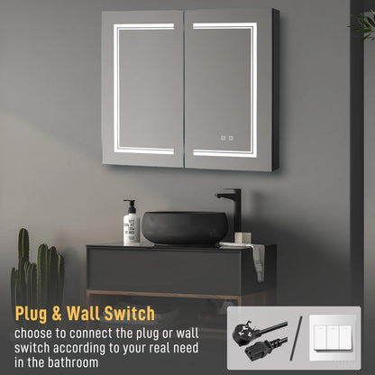 Ktaxon LED Lighted Medicine Cabinet with Mirror Bathroom Wall Cabinet w/ Defogger, Dimmable, Memory function, Outlets & USB, 32"x28", Black