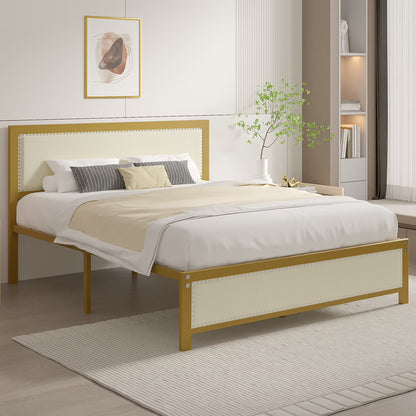 VECELO Queen Size Bed Frame Metal Platform Bed with Upholstered Headboard, No Box Spring Needed, Black