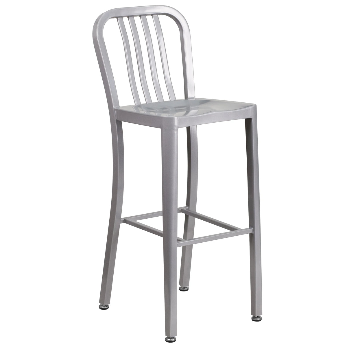 Flash Furniture Earl Commercial Grade 24" Round Silver Metal Indoor-Outdoor Bar Table Set with 2 Vertical Slat Back Stools