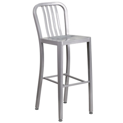 Flash Furniture Earl Commercial Grade 24" Round Silver Metal Indoor-Outdoor Bar Table Set with 2 Vertical Slat Back Stools