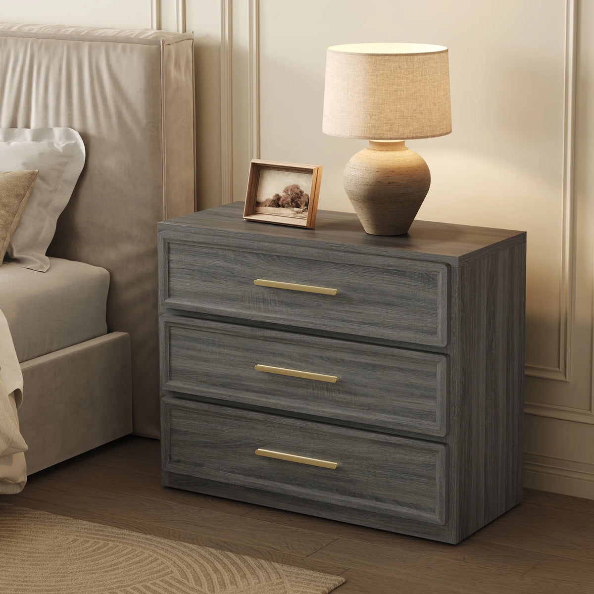 SICOTAS 31.3" W 3-Drawer Nightstand Set of 2 with Oversized Large Storage , Modern Night Stands Bedside Table with Adjustable Feet & Gold Handles for Bedroom Living Room Entryway, Light Oak