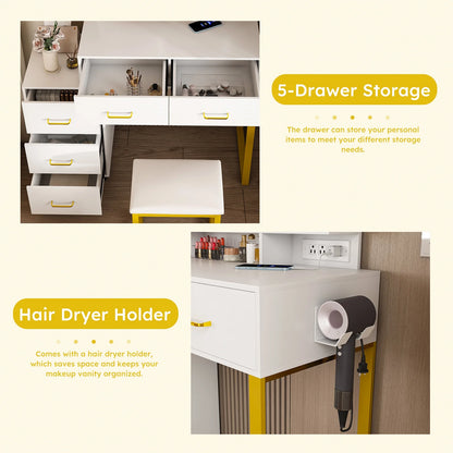 Montary Modern Mini Vanity w/Adjustable LED Mirror + Hidden Storage, Padded Stool & Dustproof Shelves (White)