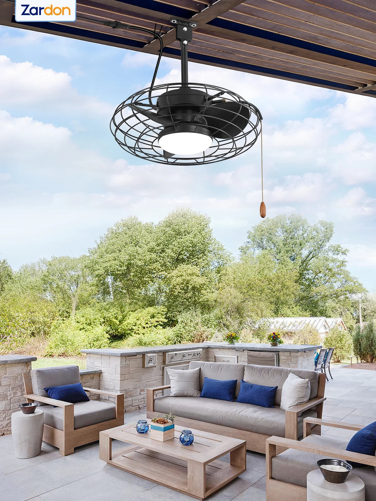 Zardon 20" Outdoor Ceiling Fan with Light and Remote, 7 Blades Caged Waterproof Gazebo Fan for Patio, Porch, Pergola Canopy, App Control
