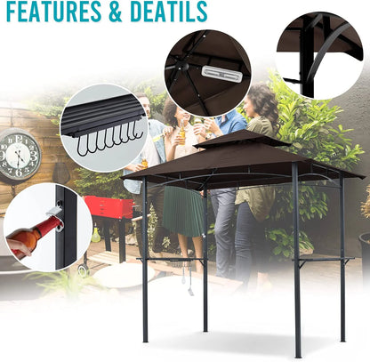 ABCCANOPY 8'x 5' Grill Gazebo Shelter, Double Tier Outdoor BBQ Gazebo Canopy with LED Light(Brown)