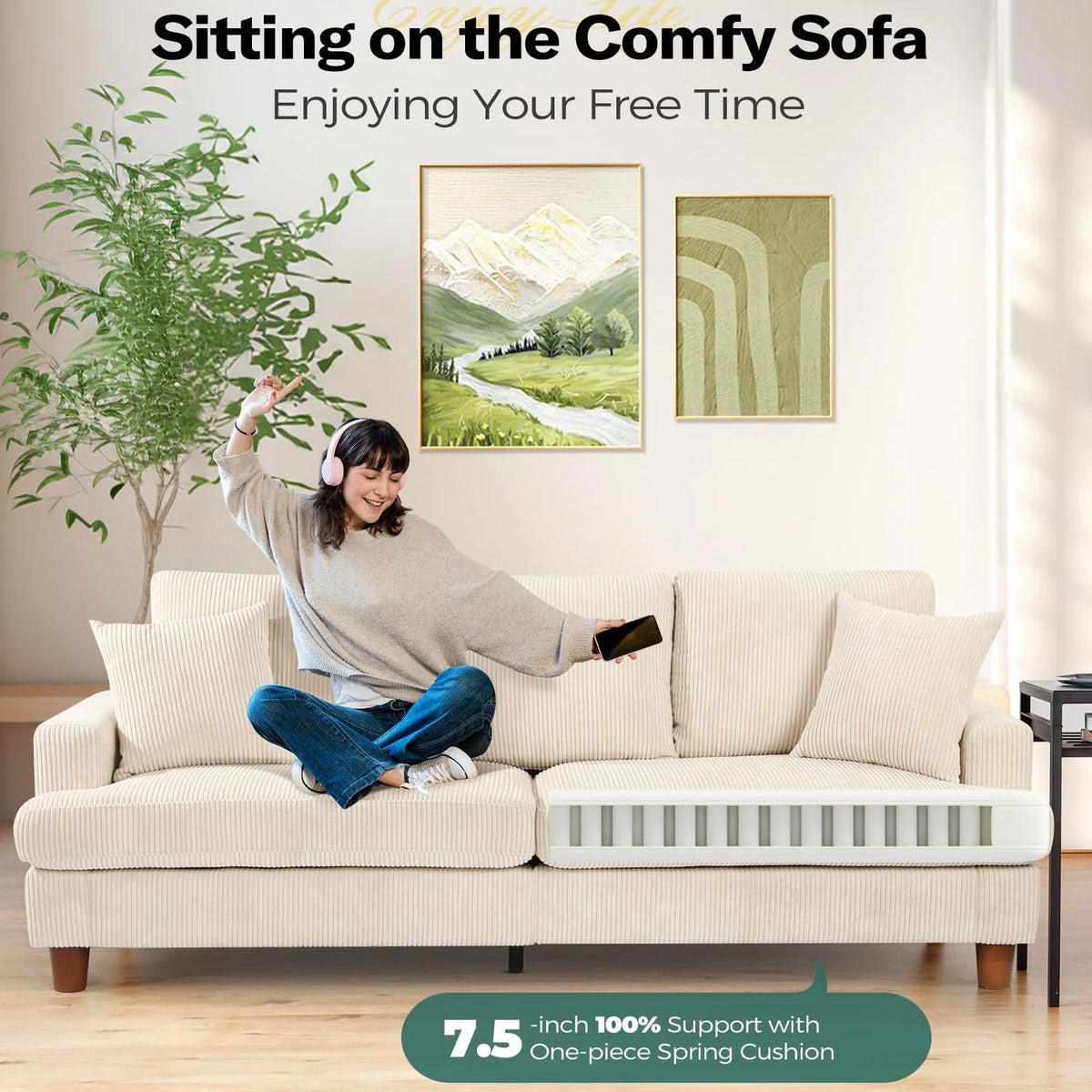87" Corduroy Sofa,3 Seater Sofa with Extra Deep Seats,Neche Comfy Upholstered Couch for Living Room,2 Pillows,Green