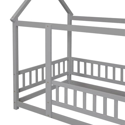 Twin Size House Bed for Boys and Girl, Wooden Canopy Bed Tent Bed, Playhouse Design Bed Frame with Full-lenth Guardrail, Bedroom Furniture, 79.5��L x 44.8��W x 66.2��H, White