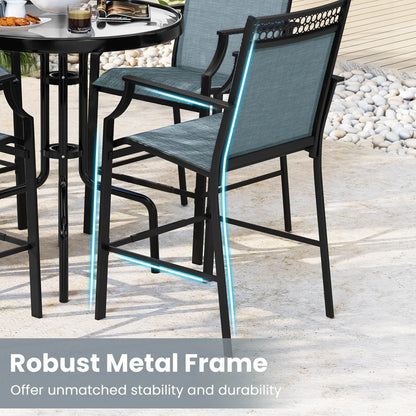 Costway Outdoor Counter Stools Set of 2 with Footrest & Armrests Metal Frame for Backyard Blue