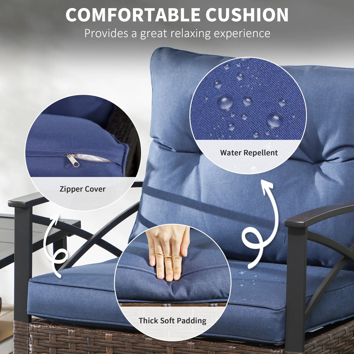 Outsunny 3pc Rocking Chair Set w/ Cushions, Wicker Bistro Set, Blue